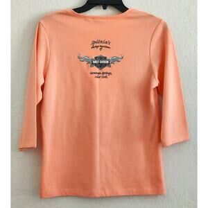TOP/BLOUSE-HARLEY-DAVIDSON-Saratoga Springs, NY-Orange Melon-V-Neck-Woman's LRG